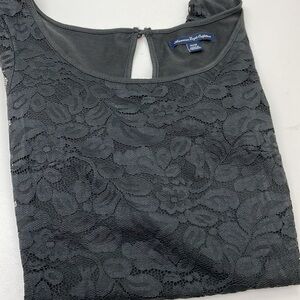 American Eagle lace black blouse button short gathered sleeves women’s XS